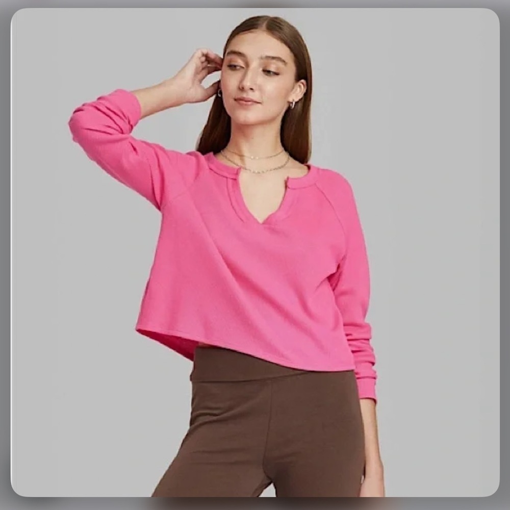 Wild Fable Women's Long Sleeve V-Neck Waffle Boxy T-Shirt - - Picture 1 of 4